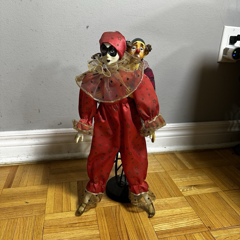 Vintage Circus Duo Figurine: Pierrot and Clown on Unicycle, Decorative